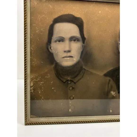 Antique 1800s Victorian Era Two Women Framed Photograph Creepy Eyes Ghostly - Picture 2 of 5